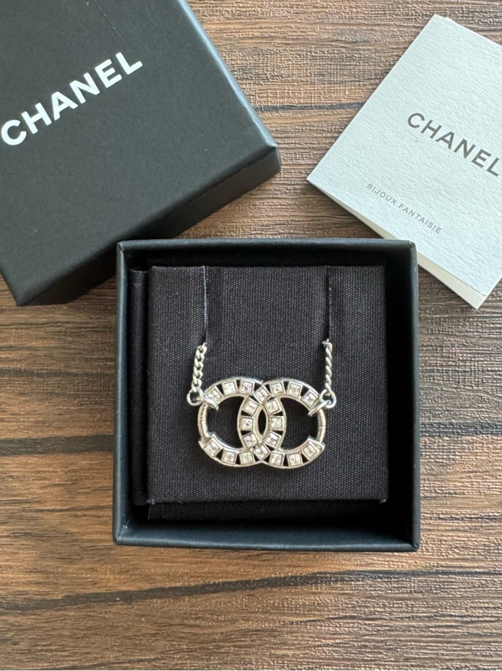 CHANEL Crystal CC Silver Tone Necklace